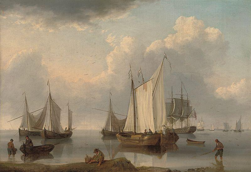 William Anderson A British warship, Dutch barges and other coastal craft on the Ijselmeer in a calm oil painting picture
